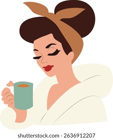 Woman Bathrobe Coffee Morning Relaxation, vintage illustration