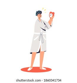 Woman in bathrobe and curlers being late holding alarm clock in morning. Cartoon character female in hurry to work or study. Flat vector illustration