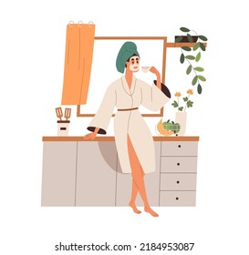 Mujer con albornoz, toalla de cabeza tomando café por la mañana. Chica feliz con máscara facial después de la ducha, sosteniendo una taza de espresso en la cocina de casa. Ilustración vectorial gráfica plana aislada en fondo blanco