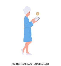 Woman in bathrobe holding a device for smart home system, flat vector illustration isolated on white background. Smart home technology to control consumer electronics.
