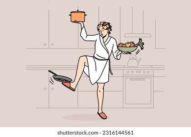 Woman in bathrobe multitask at home with household activities. Housewife busy with chores in kitchen. Vector illustration. 