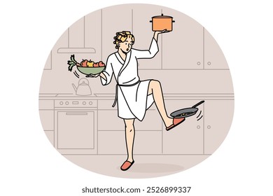 Mulher de roupão multitarefa em casa com atividades domésticas. Dona de casa ocupada com tarefas na cozinha. Ilustração vetorial.