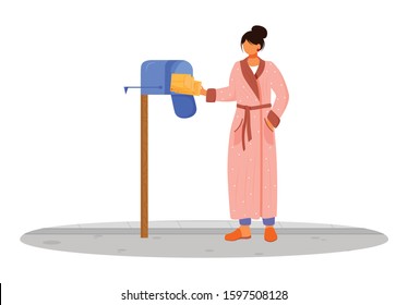 Woman in bathrobe receives post flat color vector illustration. Getting parcels from mailbox. Delivery services. Taking lettters from personal postbox isolated cartoon character on white background