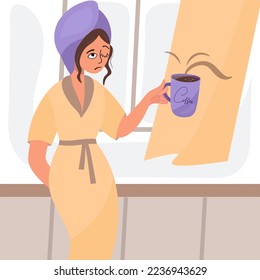 A woman in a bathrobe and a towel holds a cup of tea or coffee in her hand in the morning, sleepy and tired at the window. Conceptual illustration of a night owl type, awakening. Cartoon flat vector