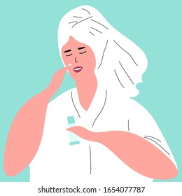 Woman in a bathrobe and a towel on her head. Facial skin care. Product for head, body or skin care. Cartoon vector illustration