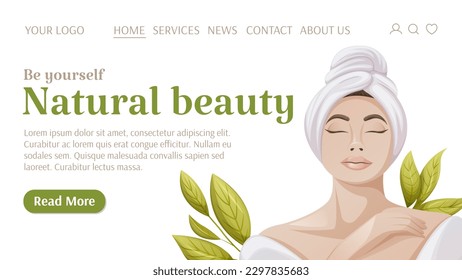 Woman in a bathrobe and towel. Template for website. Be yourself, natural beauty. Concept of health, self-care. Vector illustration. For banner, advertising.