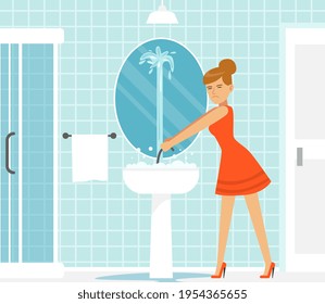 Woman in the Bathroom with Broken Tap Valve Needing Help of Professional Plumber Vector Illustration
