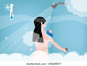 Woman in a Bathroom with Cold Shower Pressure. Editable Clip Art.
