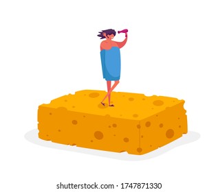 Woman in Bathroom Concept. Tiny Female Character Wrapped in Towel Drying Hairs after Taking Bath Standing on Huge Washing Sponge. Spa, Hygiene Procedures, Daily Body Care. Cartoon Vector Illustration