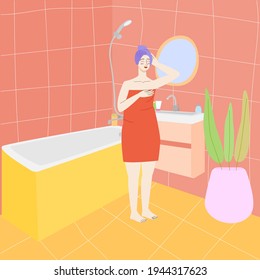 woman in the bathroom. girl in a towel in the bathroom. bathroom interior. stock vector illustration isolated on white background.