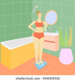 woman in the bathroom. girl in a towel in the bathroom. bathroom interior. floor scale. stock vector illustration.