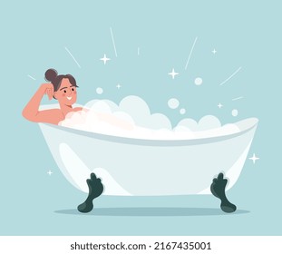 Mujer en el baño. Feliz lavado de chicas, rutina, higiene y tareas domésticas. Tratamientos de belleza para la salud de la piel. Descansa y relájate después del trabajo, lava el cuerpo. Dibujo vectorial plano de dibujos animados