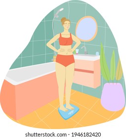 woman in bathroom on floor scale. girl in a towel in the bathroom. bathroom interior. stock vector illustration isolated on white background.