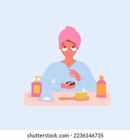 A woman in the bathroom with patches under her eyes.