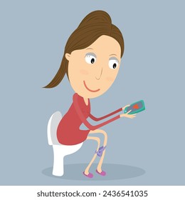 Woman in bathroom with phone. Mother's rest. Funny concept. Vector Illustration.