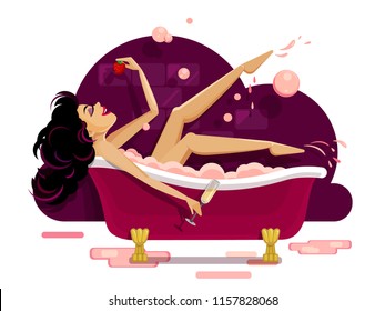 Woman in the bathroom. Vector illustration. Cartoon character. The brunette takes a bath.