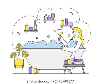 Woman in bathroom. Young girl with glass of champagne lies in bathtub with foam. Rest and relaxation, wellbeing. Aroma treatment and spa procedures. Linear flat vector illustration