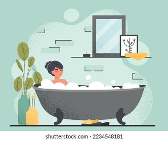 Woman in bathroom. Young girl lies in bath with bubbles and washes herself. Beauty and hygiene, daily routine. Comfort and coziness in apartment. Poster or banner. Cartoon flat vector illustration