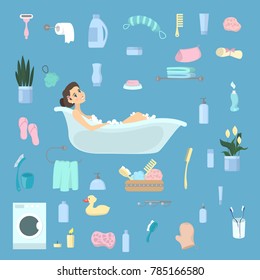 Woman in bathtub set with bathing equipment as towel, soap and shampoo.