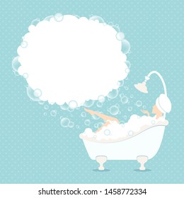 Woman In Bathtub Speech Bubble Foam Dots Blue