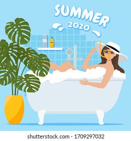 Woman in bathtub with swimming goggles and beach hat. Summer 2020 concept. Quarantine holidays. Flat vector illustration