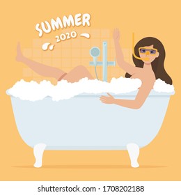 Woman in bathtub with swimming goggles. Summer 2020 concept. Quarantine holidays. Flat vector illustration