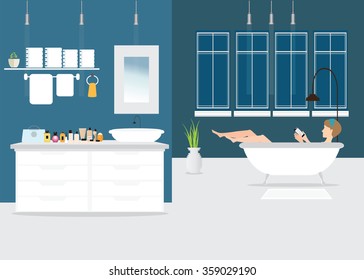 Woman in bathtub,Modern Bathroom interior design with furniture, bathtub, sink, shower and accessories, Vector illustration.