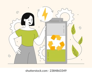 Woman with battery disposal concept. Young girl near accumulator. Susatinable lifestyle and eco friendly energy. Recycling and reuse, zero waste. Cartoon flat vector illustration