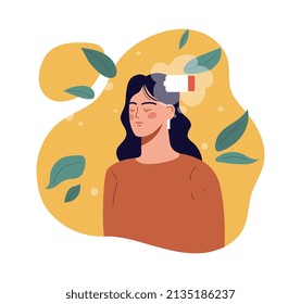 Woman with battery. Young girl tired, emotional burnout from stress at work, overworked character with low energy. Character focuses on breathing, soothing techniques. Cartoon flat vector illustration