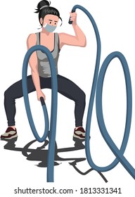 A woman battling ropes for building her arm muscles illustration