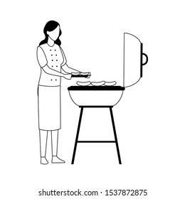 woman and bbq grill icon over white background, vector illustration