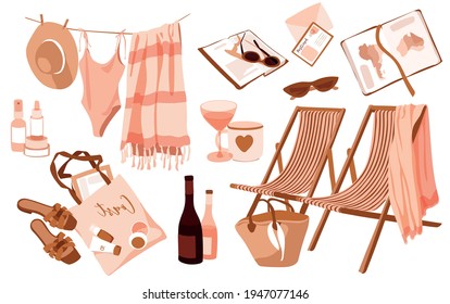 woman beach accessories sticker set. Striped sun longers with plaid, beach towel, swimsuit and straw hat on the rope, SPF, Shopper, Wine bottles, sunglasses. Map atlas. Nostalgic summer illustrations 