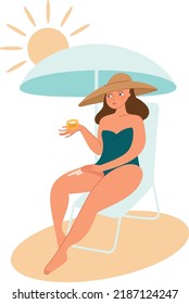 A woman at the beach applies sunscreen to her skin under a sunshade. Sun protection concept. Healthy tanning. Flat vector character
