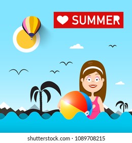 Woman with Beach Ball on Sea. Love Summer Vector Illustration with Ocean Waves.