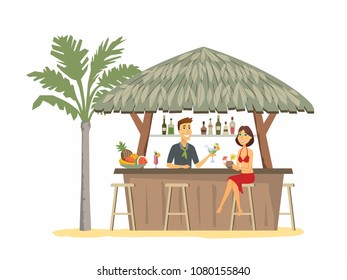 Woman at the beach bar - cartoon people character isolated illustration on white background. Happy smiling girl sitting at the counter, talking with a handsome barman, drinking cocktails