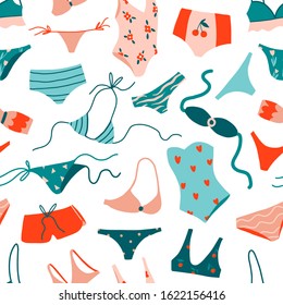 Woman beach clothes seamless pattern. Hand drawn swimsuit, bikini, monokini. Fashion colorful hand drawn texture for textile, fabric. Stylish swimwear design. Cute flat vector illustration on white