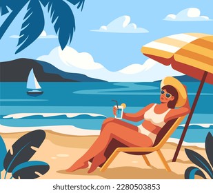 Mujer en la playa con cóctel. Los turistas se relaja con una bebida en el complejo. Vacaciones y vacaciones en campo tropical. El personaje femenino disfruta del paisaje oceánico. Dibujo vectorial plano de dibujos animados