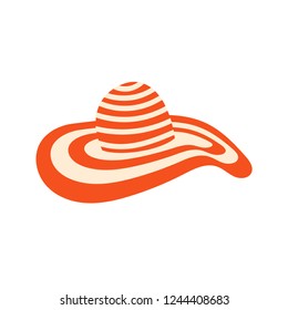 Woman beach hat flat style design vector illustration icon sign isolated on white background. Red-white striped hat for travel