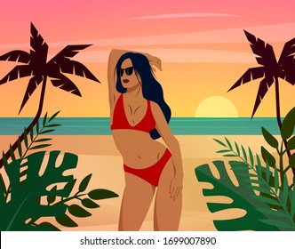 Mujer en la playa posando en bikini rojo. Concepto para agencias de turismo, tiendas de ropa de baño.Ilustración de la moda vectorial.