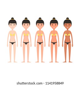 Woman in a beach swimwear with different degree of suntan. Skin color index. Vector illustration in flat style isolated on white background