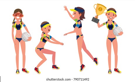 Woman Beach Volleyball Player Vector. Sporting Championship People. Different Position. Cartoon Character Illustration