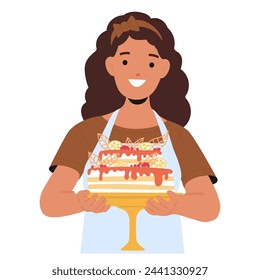 Woman Beams With Pride, Her Hands Cradling A Delectable Homemade Dessert, A Testament To Her Culinary Skill, Love, And Creativity. Her Eyes Sparkle With Joy And Accomplishment. Vector Illustration