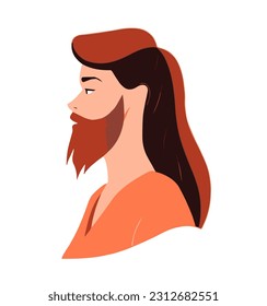 Woman with beard in profile isolate on white background. Concept of breaking with ideas and gender roles, androgyny...