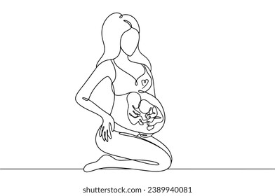 The woman is bearing two children. Pregnancy. Twins. Twins Days. One line drawing for different uses. Vector illustration.