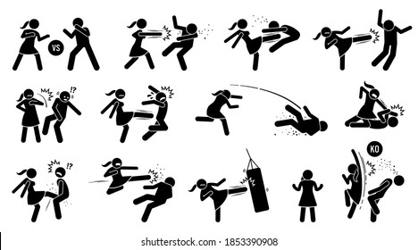 Woman beating man stick figure sign and symbols. Vector illustration of female versus male fighting by punching, kicking, slapping, throwing, and uppercut. The girl is strong and winning the fight.