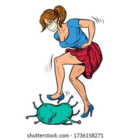 woman beats up coronavirus. Pop art retro vector illustration 50s 60s style