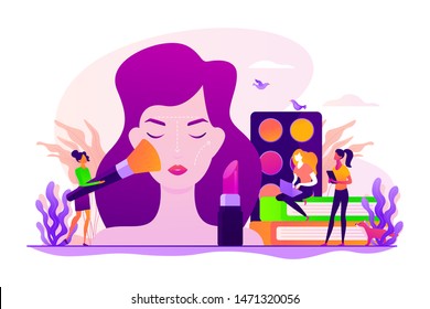 Woman in beautician parlor. Female character testing skin care product in beauty salon. Makeup courses, make up school, cosmetics masterclass concept. Vector isolated concept creative illustration