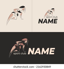 A woman with a beautiful body is engaged with dumbbells in the gym. Logo design vector illustration. 