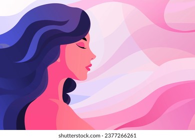 Una mujer con un hermoso cabello rizado disfruta de ondas de fantasía abstractas en colores suaves. Hermoso fondo abstracto del día de la mujer para diseño, afiche, banner, tarjeta, cubierta o impresión.