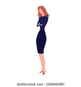 A woman in a beautiful dress standing with crossed arms. Flat vector illustration isolated on a white background.